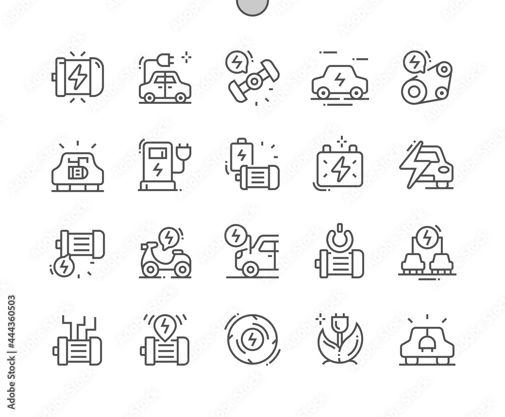 Electrical engine. Electric motor and car. Timing belt. Eco car. Industrial engineering. Pixel Perfect Vector Thin Line Icons. Simple Minimal Pictogram