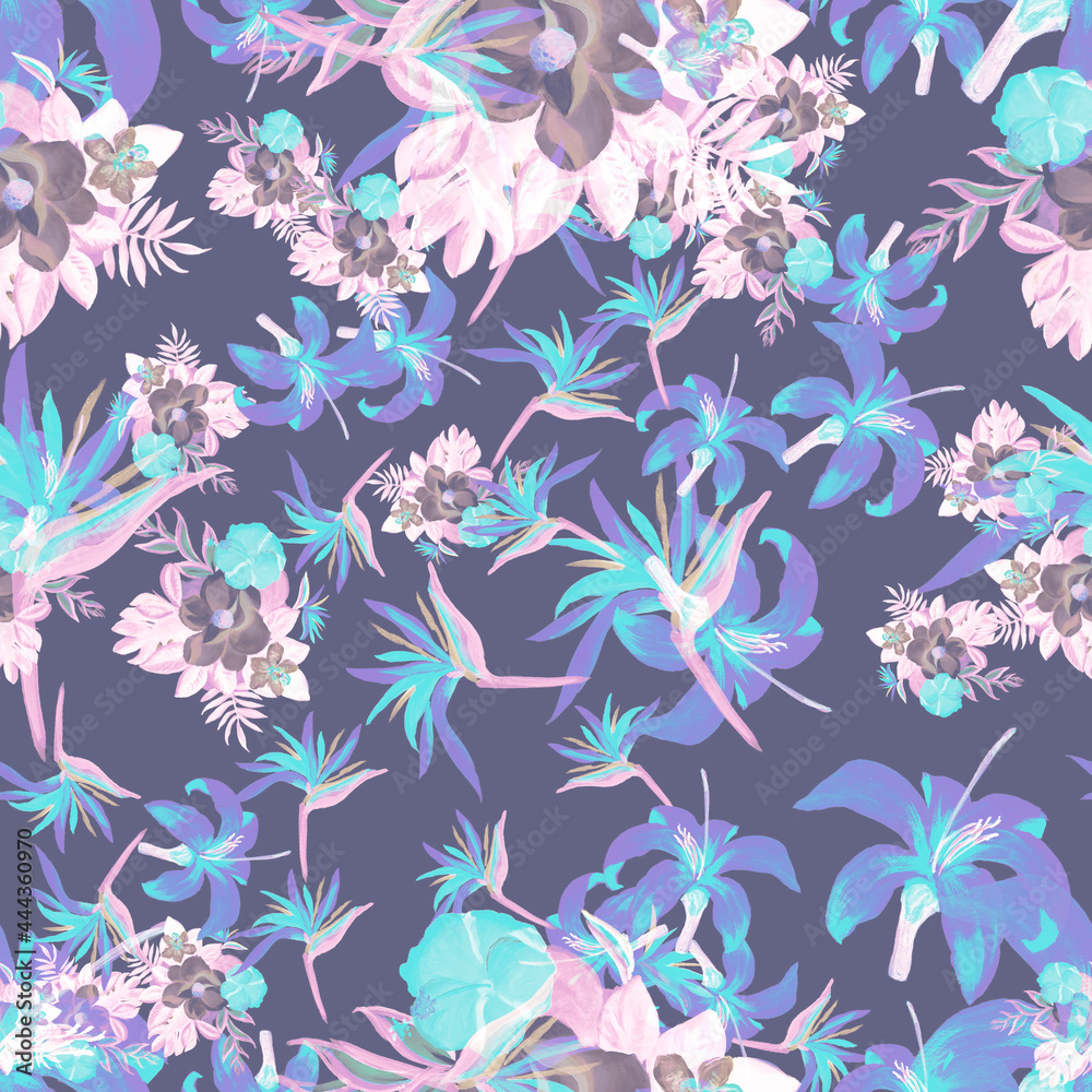 Obraz premium Indigo Pattern Design. Coral Tropical Botanical. Purple Floral Leaves. Navy Flora Botanical. Cobalt Decoration Design. Violet Wallpaper Hibiscus. Blue Spring Leaves.