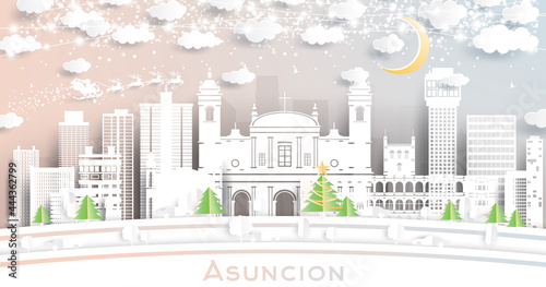 Asuncion Paraguay City Skyline in Paper Cut Style with Snowflakes, Moon and Neon Garland.