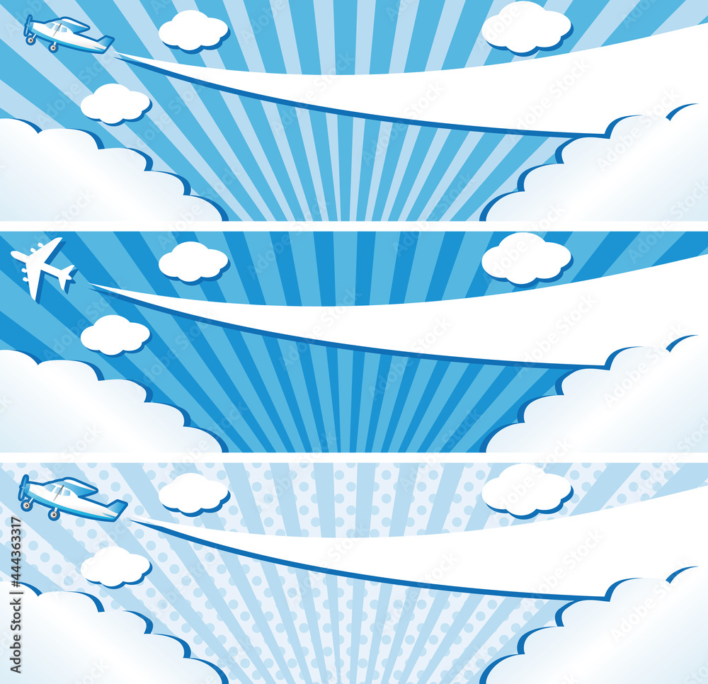 Stockvector バナー 広告 Web 夏 空 飛行機 セスナ 軽飛行機 プロペラ機 雲 フレーム コピースペース 背景 青色 水色 イラストセット Adobe Stock