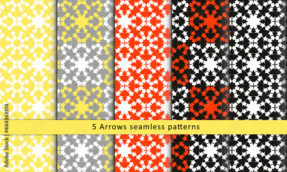 Set with five Arrows backgrounds.Trendy Geometric seamless patterns collection.Vector colorful arrows ornament.