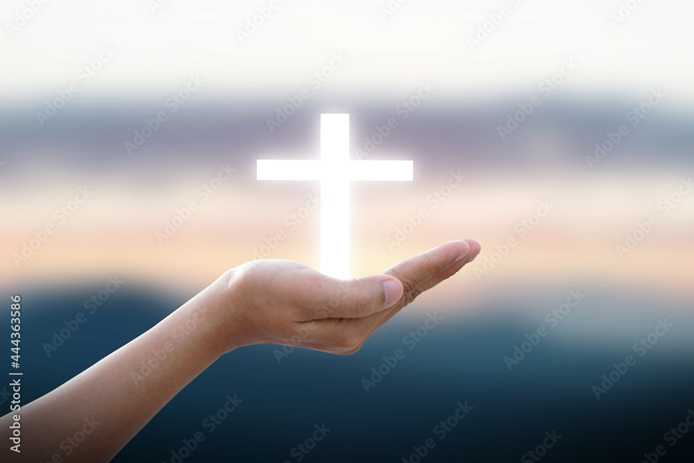 Hands Bless The Cross In The Sky Belief In Jesus Christ Man Hands Palm Up Praying And Worship Of