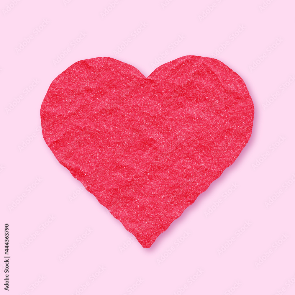 Icon, poster, banner red heart with recycled paper texture, kraft packaging on pink background 