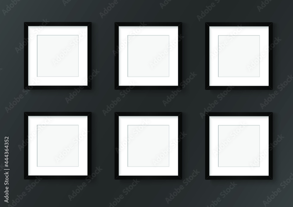 Photo image frame. Wall picture mock up for photograph composition black border object on dark background with shadow. Vector illustrator. Photo image frame. Wall picture mock up for photograph composition black border object on dark background with shadow. Vector illustrator.