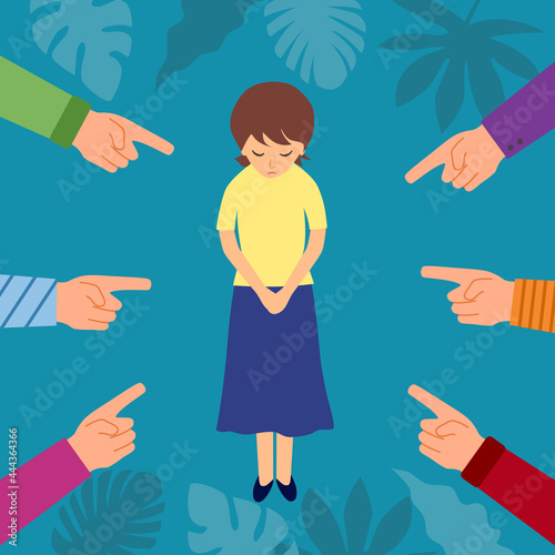 Sad or depressed woman crying and surrounded by hands with index fingers. Accusation guilty concept vector in flat design. Public blame.