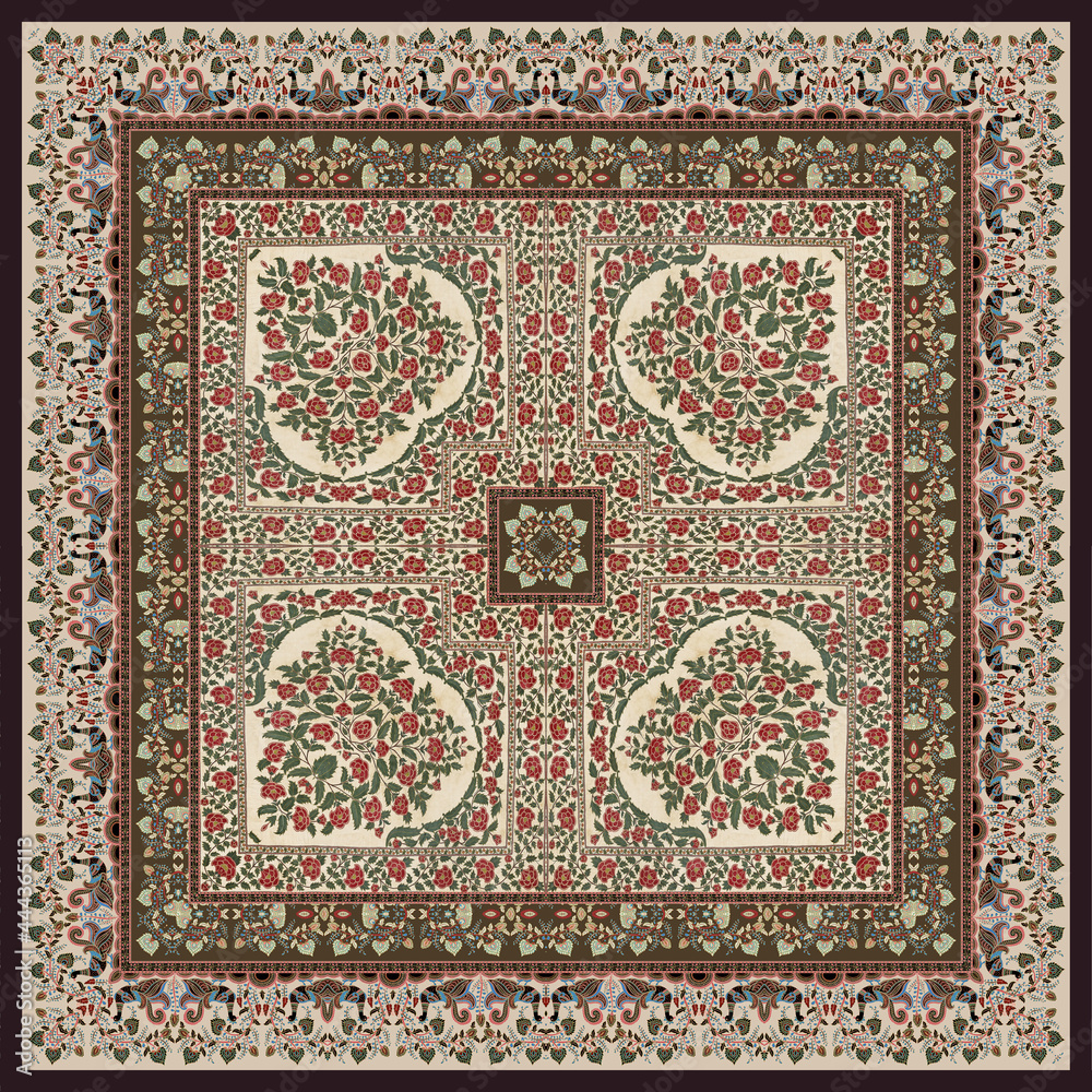traditional square scarf with different geometric and paisley pattern