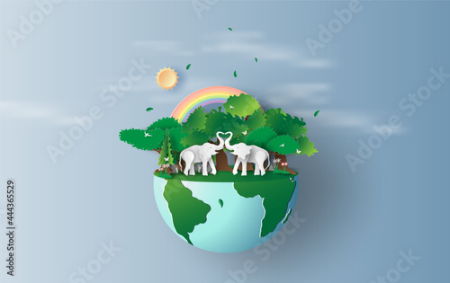 illustration of elephants in forest,Creative Origami design world environment and earth day. paper cut and craft concept.Landscape Wildlife animal with elephants lovers heart in nature by rainbow.