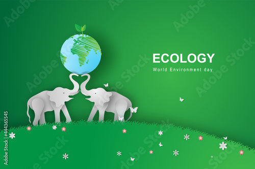 illustration of elephants in forest,Creative Origami design world environment and earth day. paper cut and craft concept.Landscape Wildlife animal with elephants lovers heart in nature by meadow.