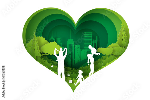 Eco Green happy family having fun playing in the field. paper cut and craft design Environment nature day concept.people lifestyle enjoy in garden park Picnic in holiday. heart shape curve concept