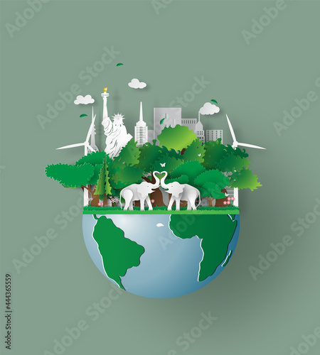 elephants in forest, Origami design world environment and earth day. paper cut and craft.Wildlife animal with elephants lovers heart in nature forest, Banner USA city. Green city Eco friendly concept