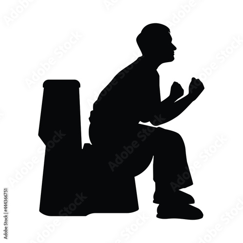 Young man sitting in the toilet bowl silhouette on white background