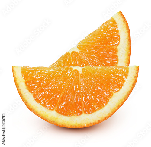 two orange slices were isolated on the white background, cut out.