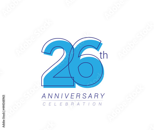 26th anniversary blue colored vector design for birthday celebration, isolated on white background