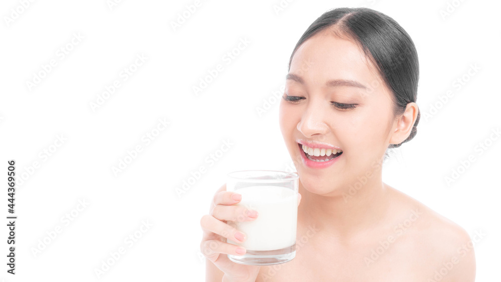 beauty woman Asian cute girl feel happy drinking milk for good health in the morning on white background - lifestyle beauty woman concept beauty woman Asian cute girl feel happy drinking milk for good health in the morning on white background - lifestyle beauty woman concept