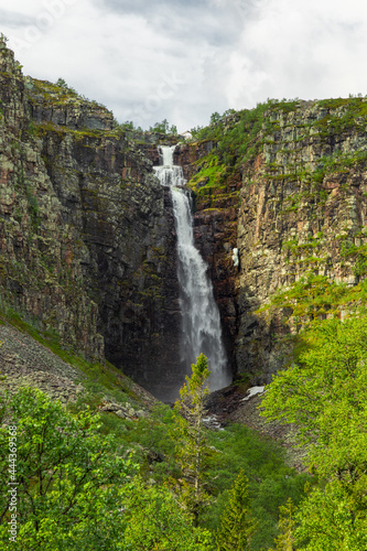 The highest waterfall in Sweden "Njupeskär" seen from a viewingpoint in Fulufjället national park during summer. 