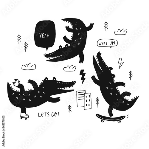 Cute cartoon hand drawn crocodile. Vector illustration with character silhouette alligator. Crocodile on  rollerblades