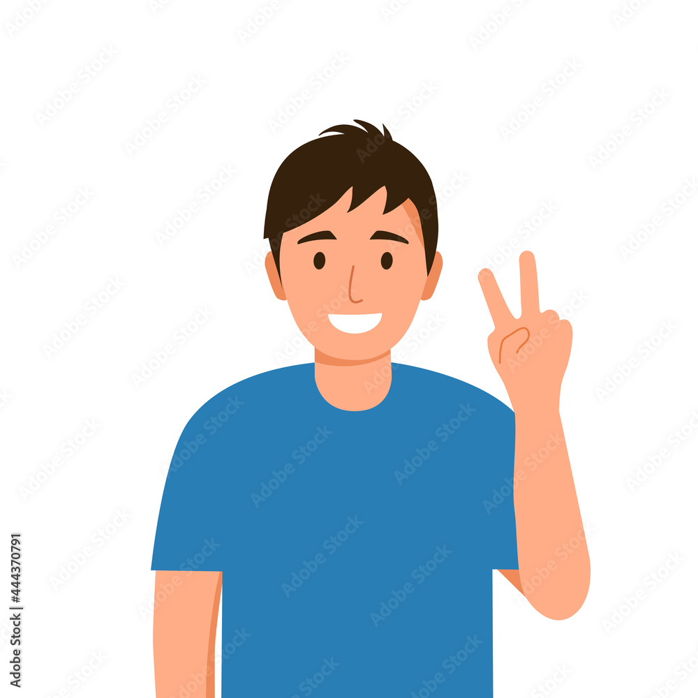 Man smiling and showing two fingers peace or victory gesture in flat design on white background. Man smiling and showing two fingers peace or victory gesture in flat design on white background.