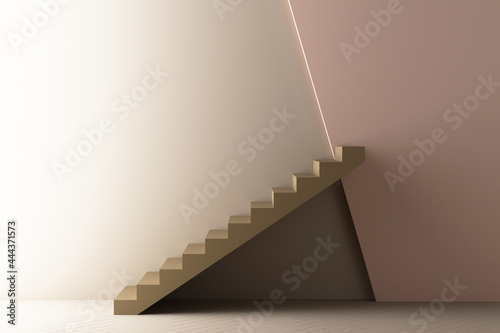 Minimal abstract geometric background with direct sunlight in shades of brown and pink. Showcase scene with empty podium for product presentation 3d rendering