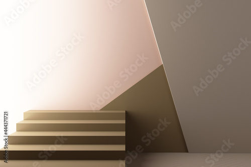 Minimal abstract geometric background with direct sunlight in shades of brown and pink. Showcase scene with empty podium for product presentation 3d rendering