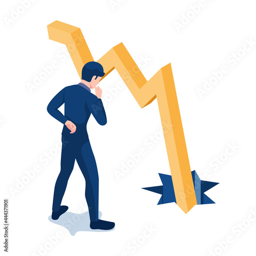Isometric Businessman Looking at Graph Falling Down Through The Floor