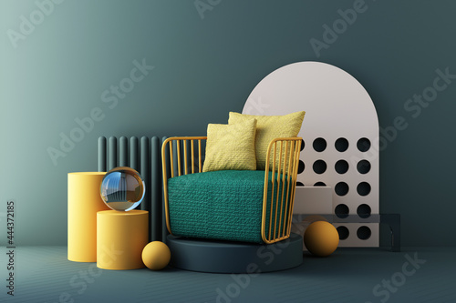 yellow and green color chairs, sofa, armchair in empty background. surrounding by geometric shape Concept of minimalism & installation art. 3d rendering mock up photo