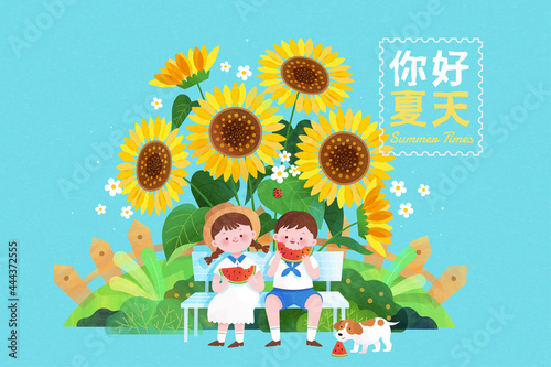 Picnicking in sunflower field