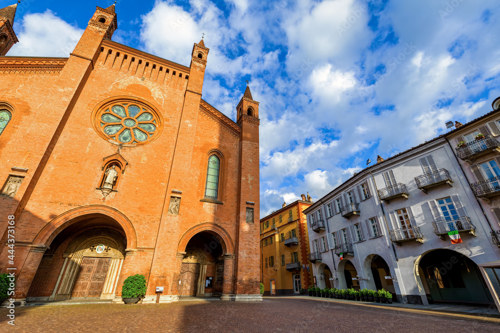 San Lorenzo Cathedral under beautiful sky in Piedmont, Northern Italy.