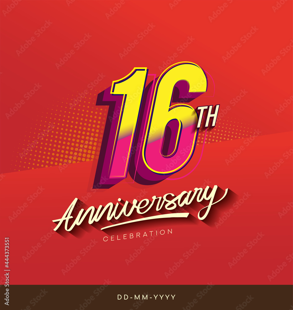 16th anniversary celebration logotype colorful design isolated with red background and modern design.