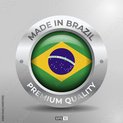 Made in Brazil Label  Logo  Stamp Round Flag of Nation with 3D Silver Glossy Effect
