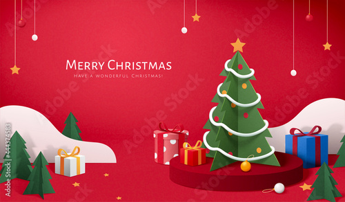 Red Xmas banner in paper cut style