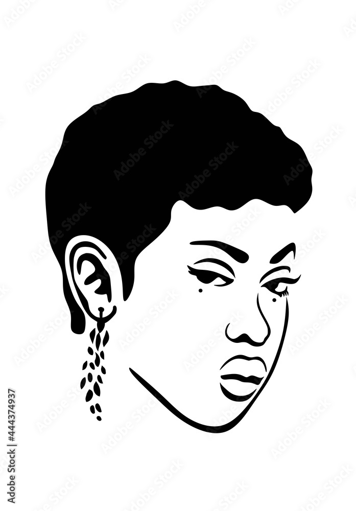 Black Afro African American girl woman lady vector portrait head face silhouette,hanging earrings,short natural hair hairstyle.Vinyl wall sticker decal.Laser plotter cutting. DIY.T shirt print design.