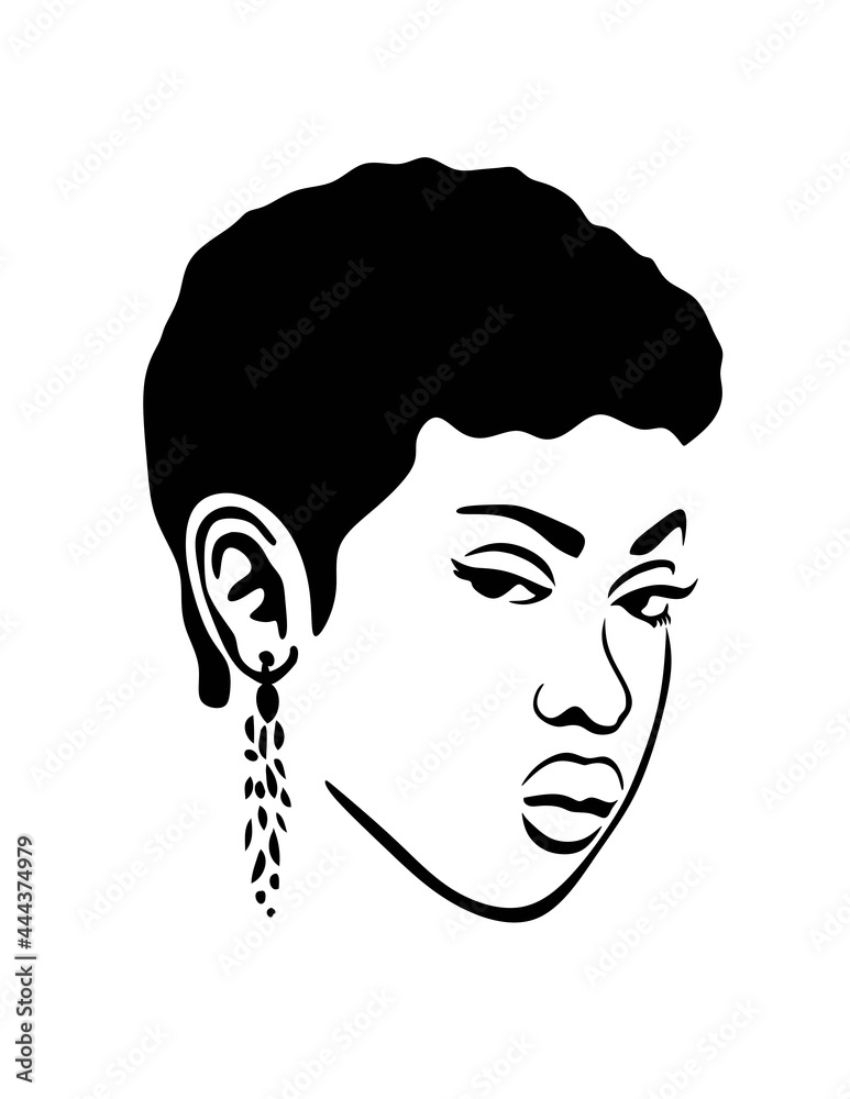 Black Afro African American girl woman lady vector portrait head face silhouette,hanging earrings,short natural hair hairstyle.Vinyl wall sticker decal.T shirt print design.Laser plotter cutting. DIY. Black Afro African American girl woman lady vector portrait head face silhouette,hanging earrings,short natural hair hairstyle.Vinyl wall sticker decal.T shirt print design.Laser plotter cutting. DIY.