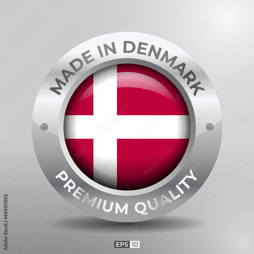 Made in Denmark Label, Logo, Stamp Round Flag of Nation with 3D Silver Glossy Effect