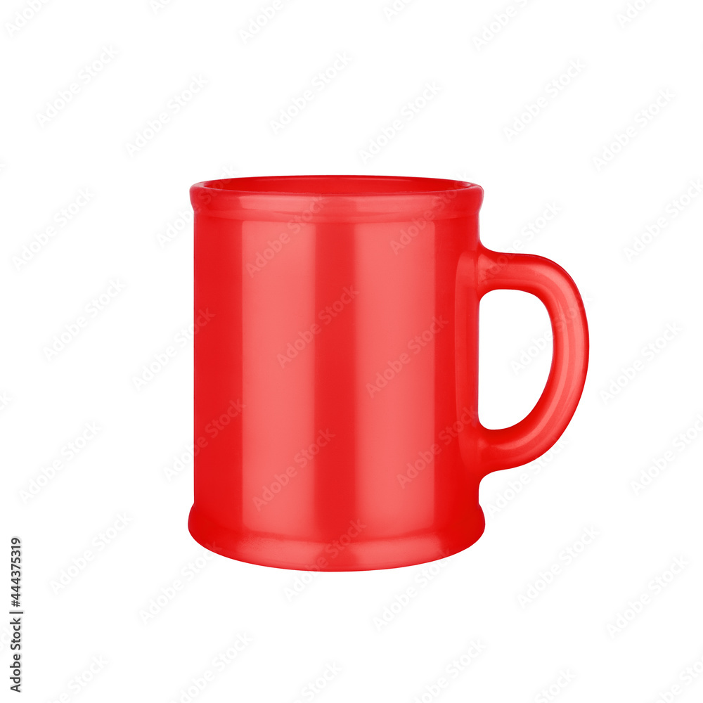Red ceramic cup on white background isolated close up, coffee mug with handle, teacup, crockery, ceramics, porcelain kitchen utensil, empty tea cup mockup, blank mug template