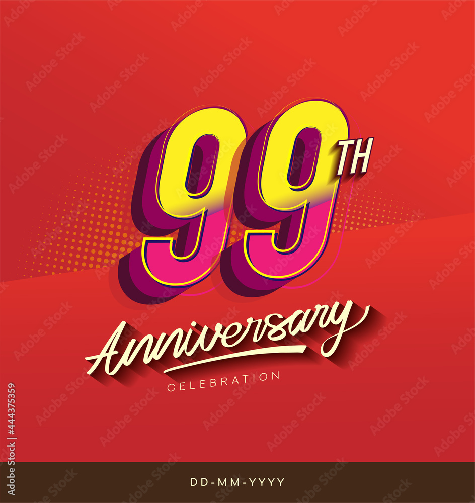 99th anniversary celebration logotype colorful design isolated with red background and modern design.