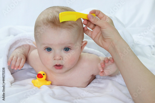 Close-up of a mother's hand combing her little son's hair after a bath. Copy space - concept of personal hygiene, cleanliness, baby care, milk crusts on the head, children's articles and advertising