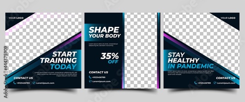 Gym, fitness, workout social media post template design. Modern banner design with place for the photo. Usable for social media, banner, and website.