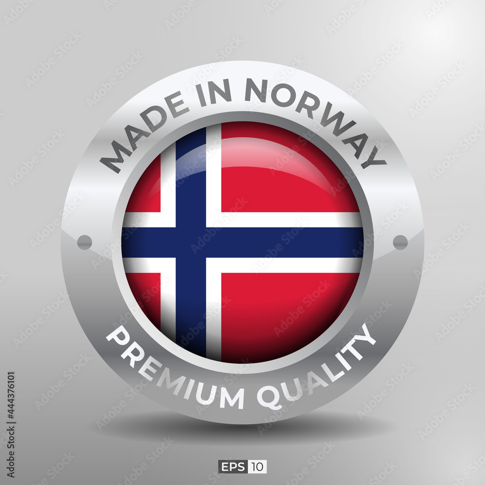 Obraz premium Made in Norway Label, Logo, Stamp Round Flag of Nation with 3D Silver Glossy Effect