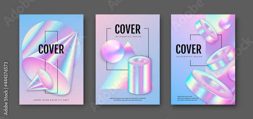 Set of Modern holographic covers with 3D geometric fllow abstract shapes. Vector illustration