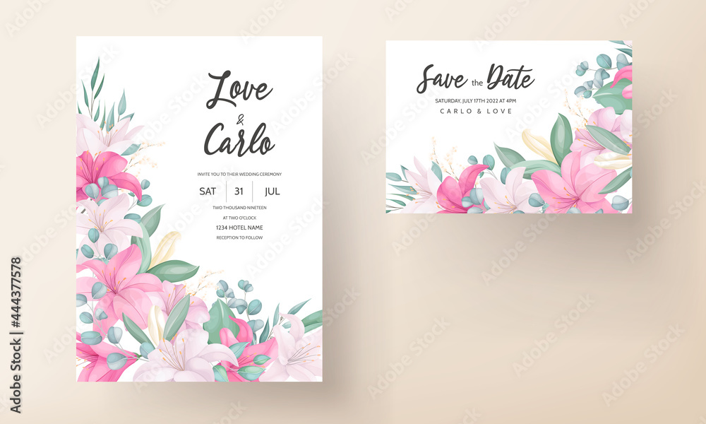 Beautiful Pink Lily Flower Wedding Invitation Card_3