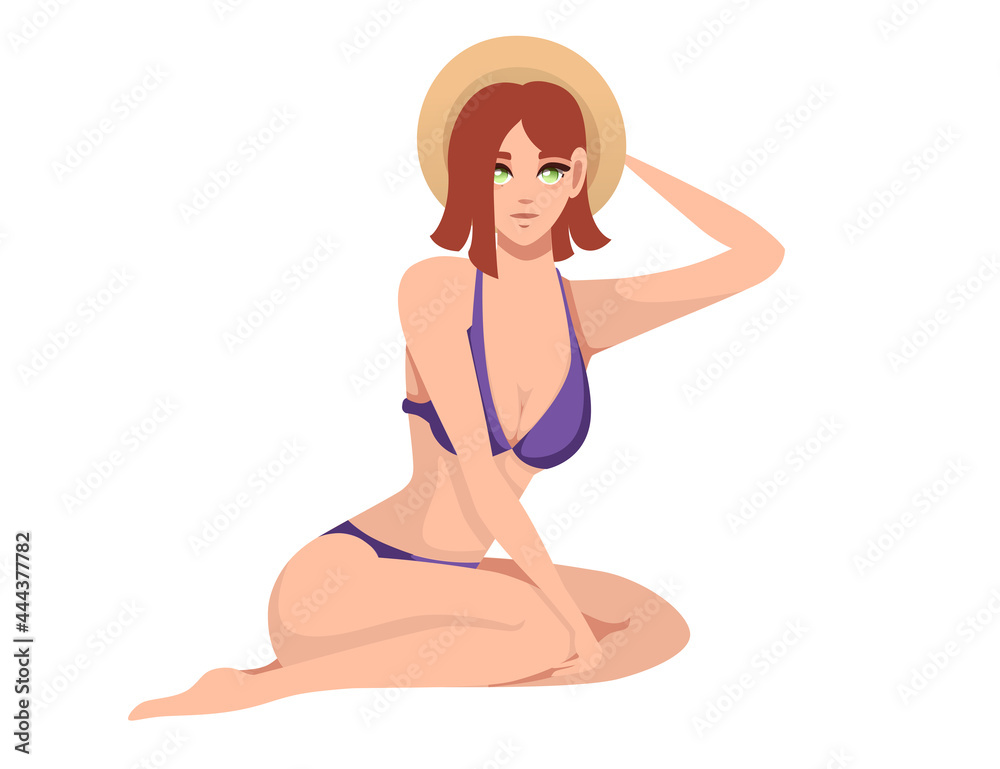 Beautiful Women Purple Swimsuit With Summer Hat Cartoon Character Design Illustration