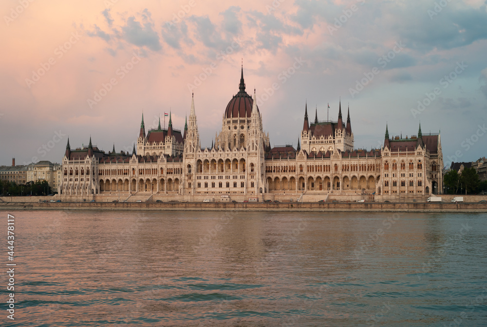 Hungarian House of Parliament Building in Budapest, Hungary, on the River Danube at Dusk in the Evening