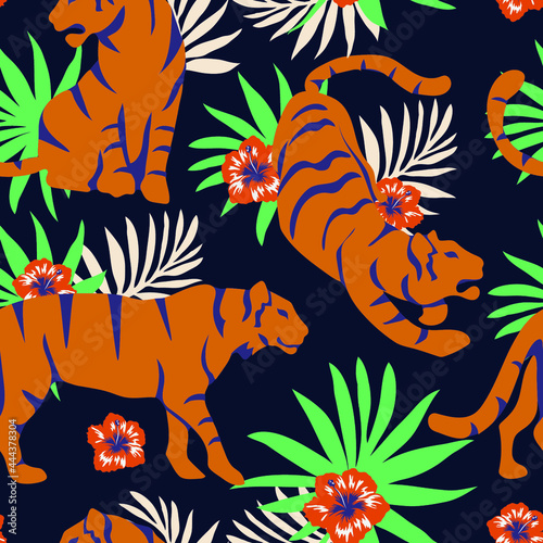 Seamless tropical pattern with tigers and a bouquet of hibiscus flowers and leaves. Ideal for wallpapers  web pages backgrounds  surface textures  textiles. Yanapese fashion ornament