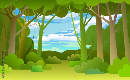 Forest trees background. Glade in the thicket. Sky. Beautiful green summer landscape. Flat design. Cartoon style. Background illustration. Vector