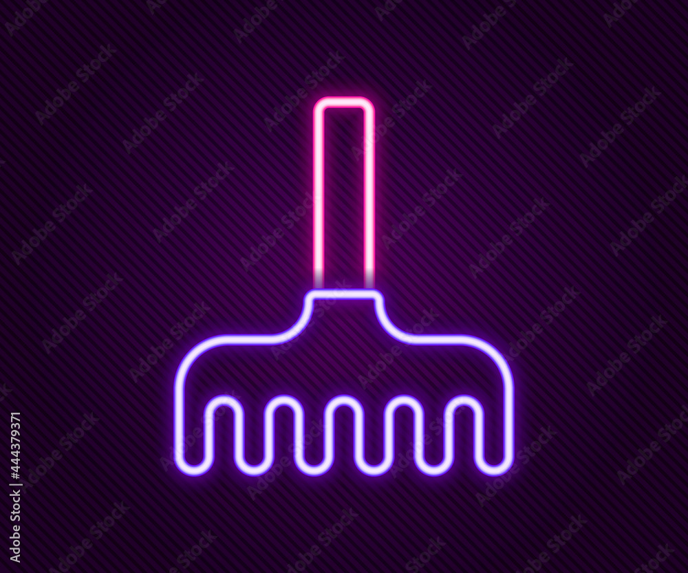 Glowing neon line Garden rake icon isolated on black background. Tool for horticulture, agriculture, farming. Ground cultivator. Colorful outline concept. Vector Glowing neon line Garden rake icon isolated on black background. Tool for horticulture, agriculture, farming. Ground cultivator. Colorful outline concept. Vector