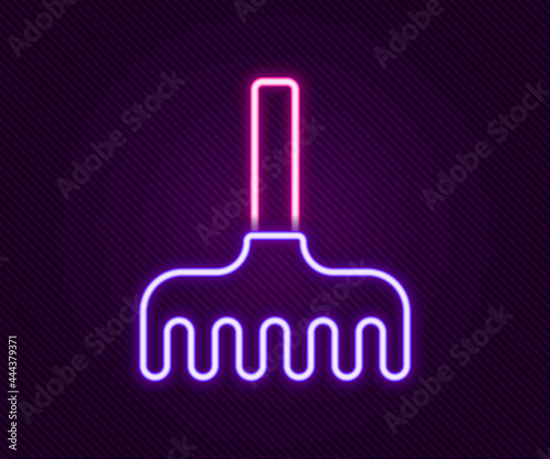 Glowing neon line Garden rake icon isolated on black background. Tool for horticulture, agriculture, farming. Ground cultivator. Colorful outline concept. Vector