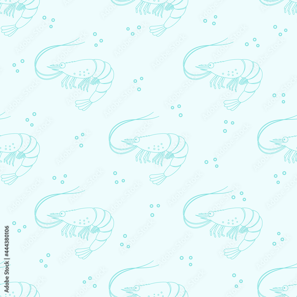 Naklejka premium Seamless pattern of shrimp, isolated on blue background. Sea food.
