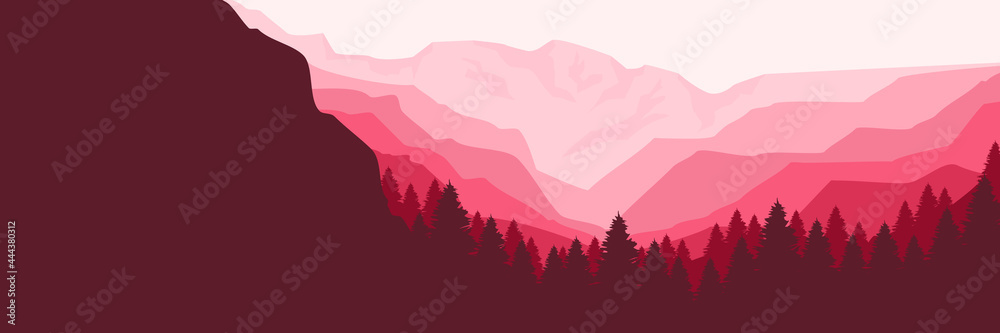 pink mountain forest vector illustration for web banner, blog banner, wallpaper, background template, adventure design, tourism poster design, backdrop design
