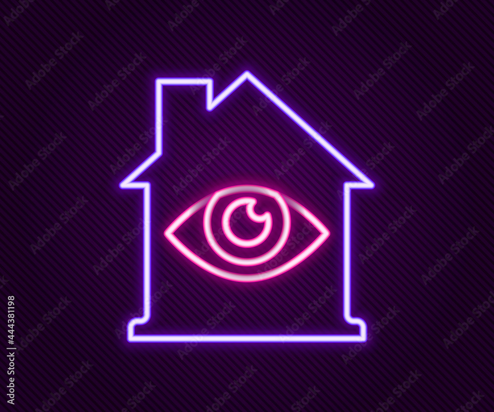 Glowing neon line House with eye scan icon isolated on black background. Scanning eye. Security check symbol. Cyber eye sign. Colorful outline concept. Vector Glowing neon line House with eye scan icon isolated on black background. Scanning eye. Security check symbol. Cyber eye sign. Colorful outline concept. Vector