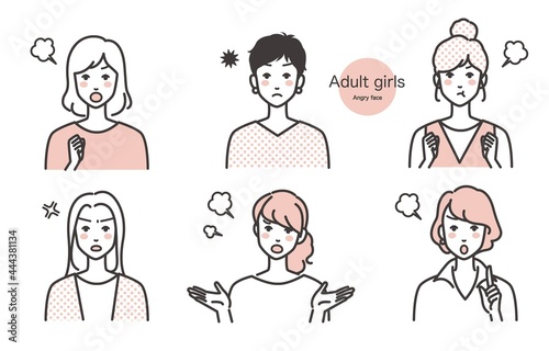 怒る女性のイラストカット  ベクター バリエーション 大人女子